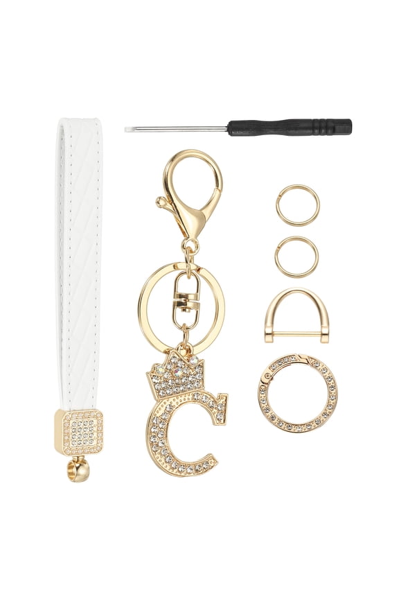 Leather Wristlet Keychain, Crown Design Letter C Keychains with Key Ring and D Ring Car Keys Keychain Decorative Alphabet Key Chain for Bag Backpack DIY, Gold Tone