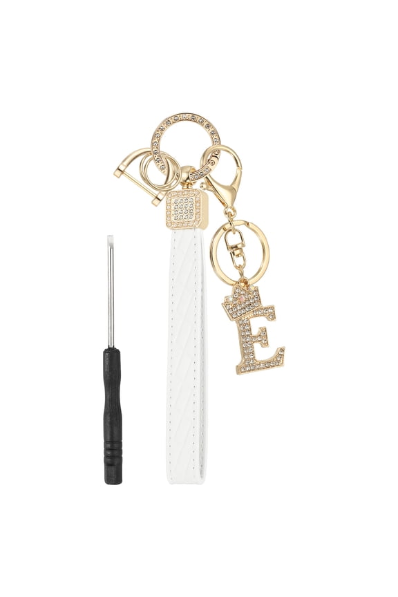 Leather Wristlet Keychain, Crown Design Letter E Keychains with Key Ring and D Ring Car Keys Keychain Decorative Alphabet Key Chain for Bag Backpack DIY, Gold Tone