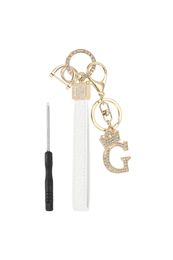 Leather Wristlet Keychain, Crown Design Letter G Keychains with Key Ring and D Ring Car Keys Keychain Decorative Alphabet Key Chain for Bag Backpack DIY, Gold Tone