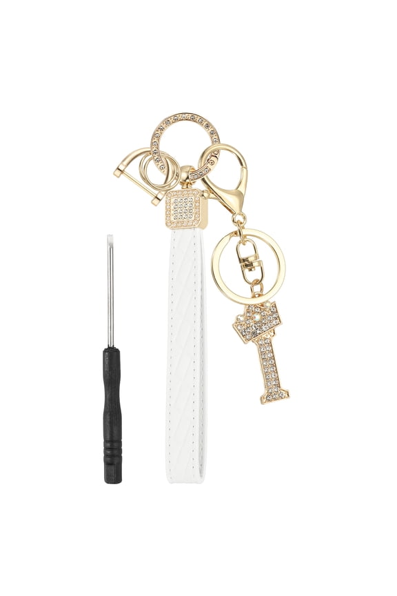 Leather Wristlet Keychain, Crown Design Letter I Keychains with Key Ring and D Ring Car Keys Keychain Decorative Alphabet Key Chain for Bag Backpack DIY, Gold Tone