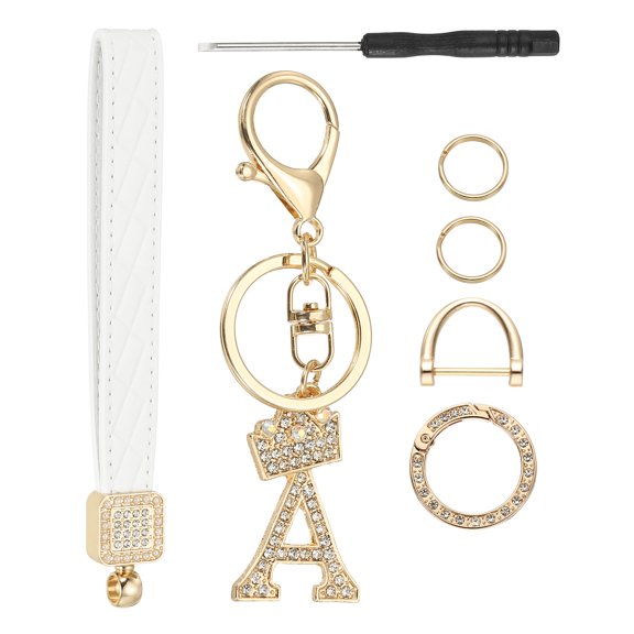 Leather Wristlet Keychain, Crown Design Letter A Keychains with Key Ring and D Ring Car Keys Keychain Decorative Alphabet Key Chain for Bag Backpack DIY, Gold Tone
