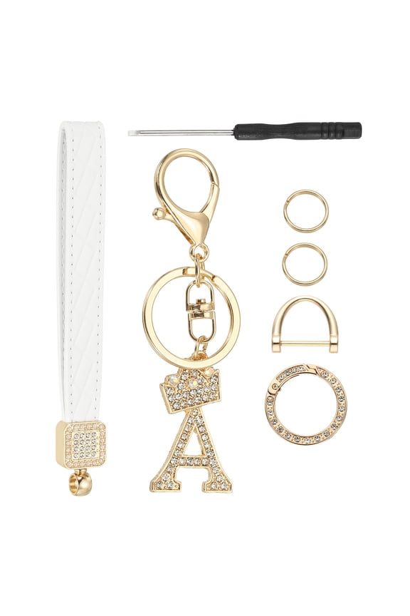 Leather Wristlet Keychain, Crown Design Letter A Keychains with Key Ring and D Ring Car Keys Keychain Decorative Alphabet Key Chain for Bag Backpack DIY, Gold Tone