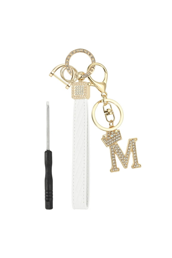 Leather Wristlet Keychain, Crown Design Letter M Keychains with Key Ring and D Ring Car Keys Keychain Decorative Alphabet Key Chain for Bag Backpack DIY, Gold Tone