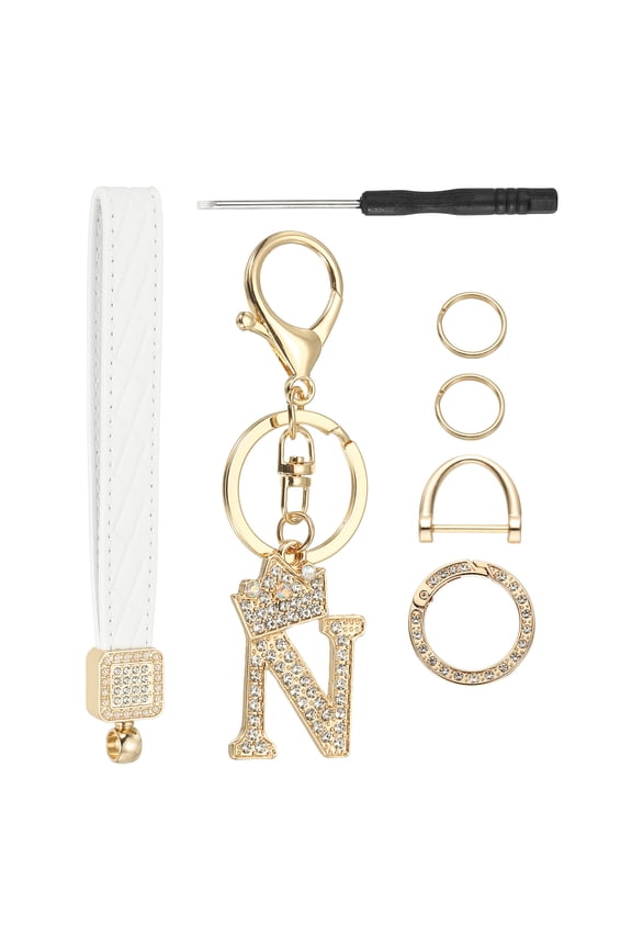 Leather Wristlet Keychain, Crown Design Letter N Keychains with Key Ring and D Ring Car Keys Keychain Decorative Alphabet Key Chain for Bag Backpack DIY, Gold Tone