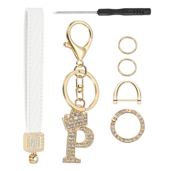 Leather Wristlet Keychain, Crown Design Letter P Keychains with Key Ring and D Ring Car Keys Keychain Decorative Alphabet Key Chain for Bag Backpack DIY, Gold Tone