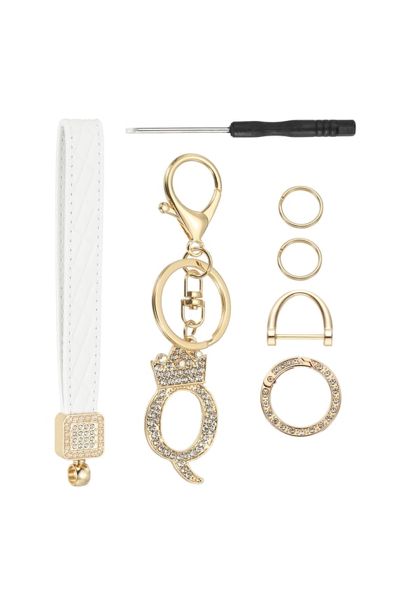 Leather Wristlet Keychain, Crown Design Letter Q Keychains with Key Ring and D Ring Car Keys Keychain Decorative Alphabet Key Chain for Bag Backpack DIY, Gold Tone