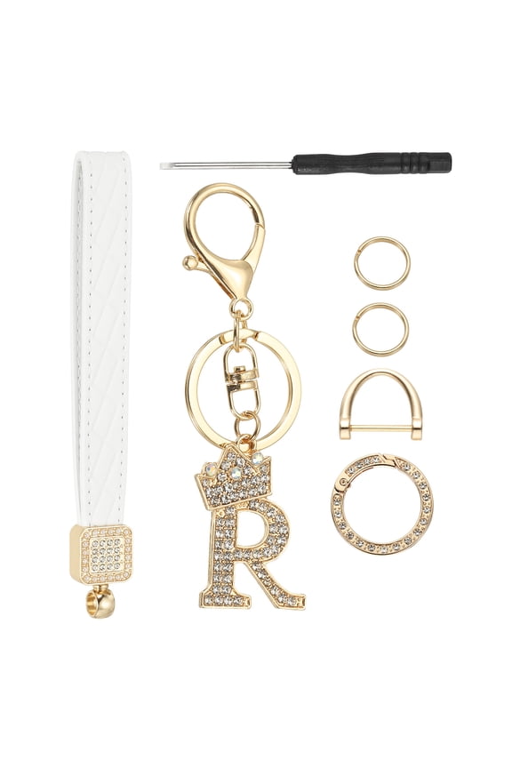 Leather Wristlet Keychain, Crown Design Letter R Keychains with Key Ring and D Ring Car Keys Keychain Decorative Alphabet Key Chain for Bag Backpack DIY, Gold Tone