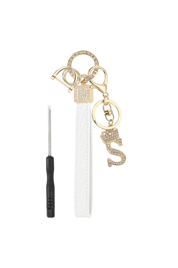 Leather Wristlet Keychain, Crown Design Letter S Keychains with Key Ring and D Ring Car Keys Keychain Decorative Alphabet Key Chain for Bag Backpack DIY, Gold Tone