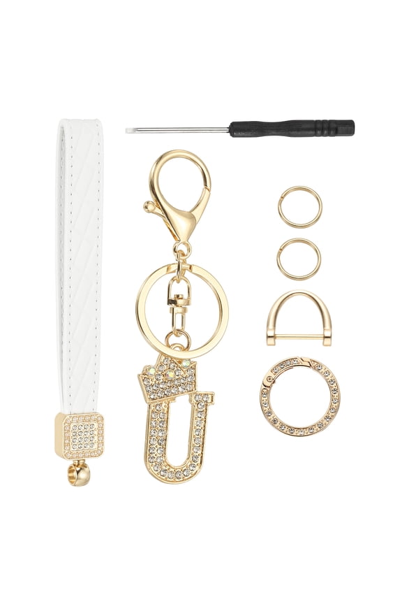 Leather Wristlet Keychain, Crown Design Letter U Keychains with Key Ring and D Ring Car Keys Keychain Decorative Alphabet Key Chain for Bag Backpack DIY, Gold Tone