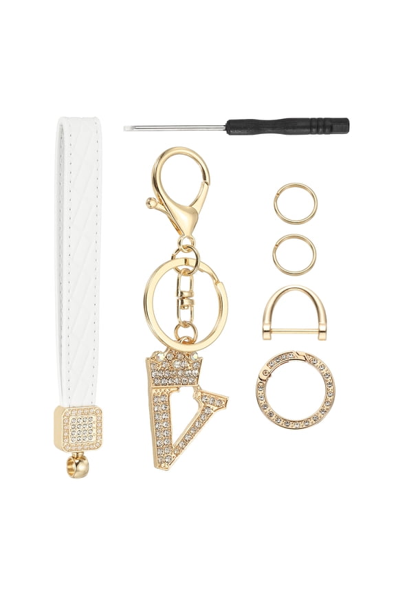 Leather Wristlet Keychain, Crown Design Letter V Keychains with Key Ring and D Ring Car Keys Keychain Decorative Alphabet Key Chain for Bag Backpack DIY, Gold Tone