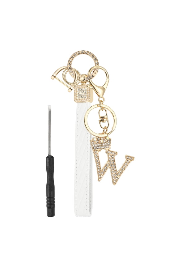 Leather Wristlet Keychain, Crown Design Letter W Keychains with Key Ring and D Ring Car Keys Keychain Decorative Alphabet Key Chain for Bag Backpack DIY, Gold Tone