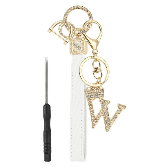 Leather Wristlet Keychain, Crown Design Letter W Keychains with Key Ring and D Ring Car Keys Keychain Decorative Alphabet Key Chain for Bag Backpack DIY, Gold Tone