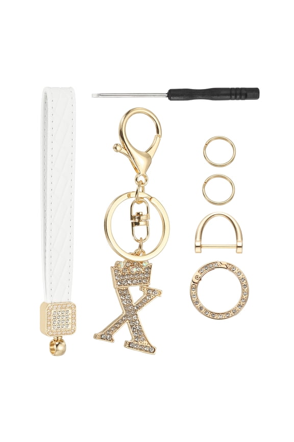 Leather Wristlet Keychain, Crown Design Letter X Keychains with Key Ring and D Ring Car Keys Keychain Decorative Alphabet Key Chain for Bag Backpack DIY, Gold Tone