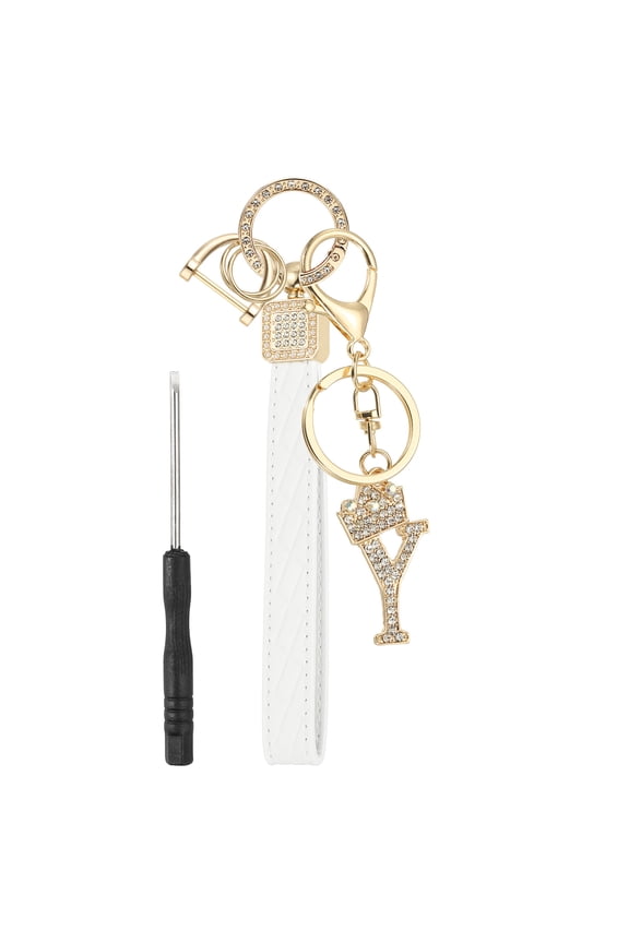 Leather Wristlet Keychain, Crown Design Letter Y Keychains with Key Ring and D Ring Car Keys Keychain Decorative Alphabet Key Chain for Bag Backpack DIY, Gold Tone