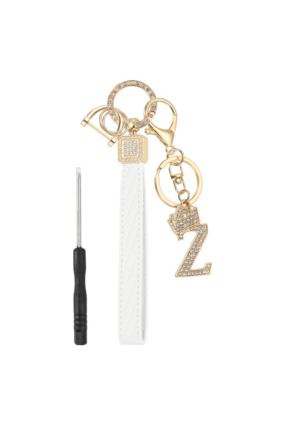 Leather Wristlet Keychain, Crown Design Letter Z Keychains with Key Ring and D Ring Car Keys Keychain Decorative Alphabet Key Chain for Bag Backpack DIY, Gold Tone