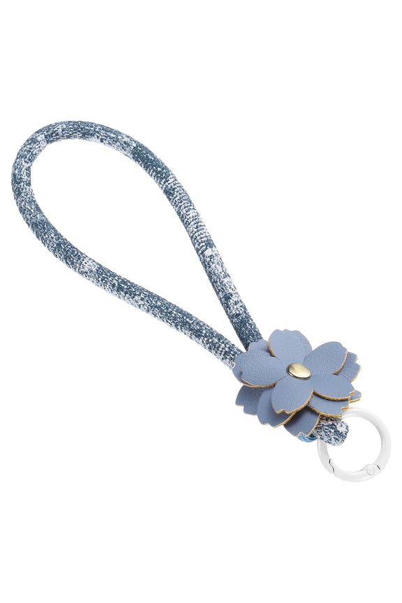 Leather Wristlet Keychain, Cute Car Key Chain Practical Bracelet Key Chain Flower Phone Wrist Strap for Phone Lanyard, Camouflage Denim Blue