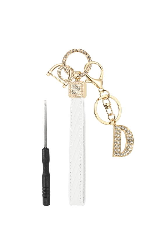 Leather Wristlet Keychain, Letter D Keychains with Key Ring and D Ring Car Keys Keychain Decorative Alphabet Key Chain for Bag Backpack DIY, Gold Tone