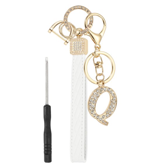 Leather Wristlet Keychain, Letter Q Keychains with Key Ring and D Ring Car Keys Keychain Decorative Alphabet Key Chain for Bag Backpack DIY, Gold Tone