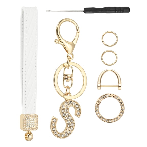 Leather Wristlet Keychain, Letter S Keychains with Key Ring and D Ring Car Keys Keychain Decorative Alphabet Key Chain for Bag Backpack DIY, Gold Tone