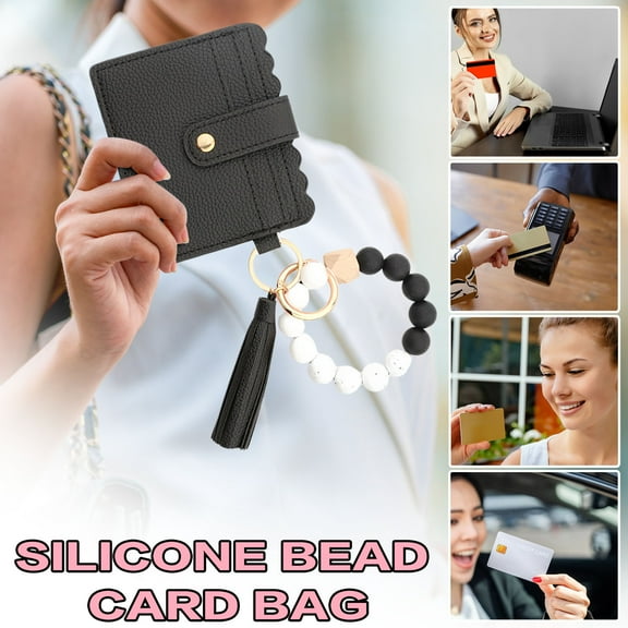 Leather Wristlet Wallet for Women with Keychain, Boho Style Beaded Key Ring Bracelet RFID Card Holder Elastic Keyring for Women (1PC, Black)