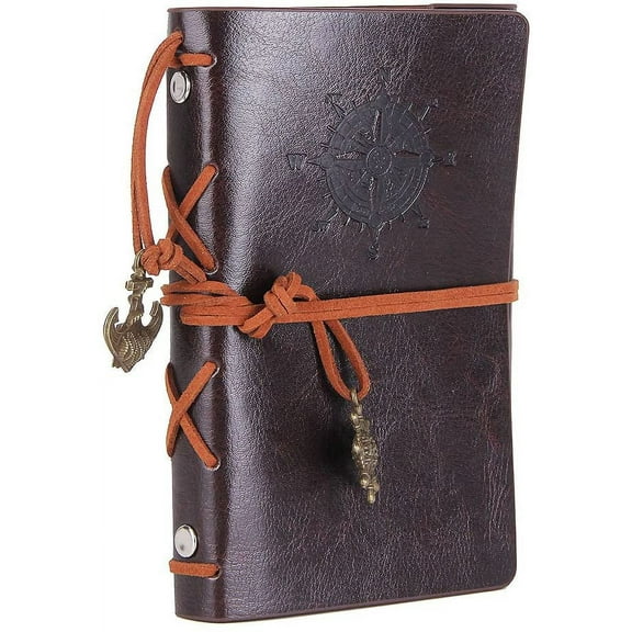 Leather Writing Journal Notebook, 5 Inches Vintage Nautical Spiral Blank String Diary Notepad Sketchbook Travel to Write in, Refillable Notepad, Retro Pendants, Classic Embossed