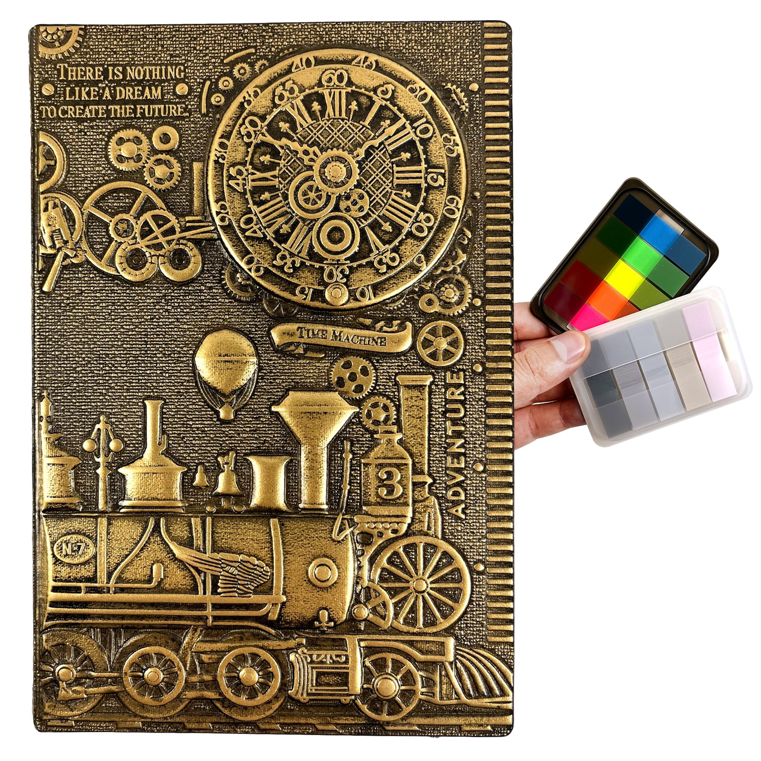 Leather Writing Journal Vintage Notebook, Embossed Train Daily Notepad Diary, Cool Magazine Gift for Women Men Writing, 200 Pages 8.3 x 5.8 inch A5 Bronze Train