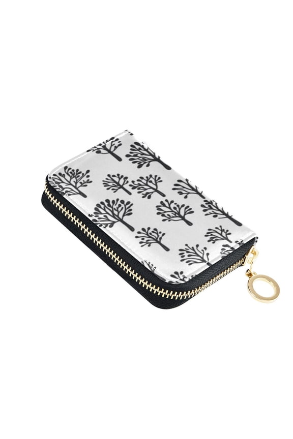 Leather Zipper Card Bag 4.7x3.1x0.8Inch Women's Card Bag Coin Purse Credit Card Bag Bank Card Bag Business Card Bag Coin Bag Black Cartoon Tree