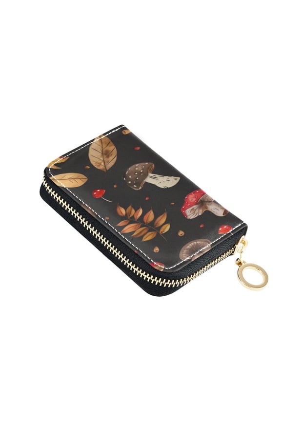 Leather Zipper Card Bag 4.7x3.1x0.8Inch Women's Card Bag Coin Purse Credit Card Bag Bank Card Bag Business Card Bag Coin Bag Black Mushroom