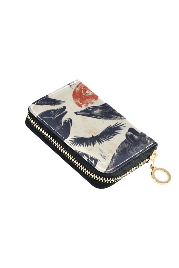 Leather Zipper Card Bag 4.7x3.1x0.8Inch Women's Card Bag Coin Purse Credit Card Bag Bank Card Bag Business Card Bag Coin Bag Black Wolf Head
