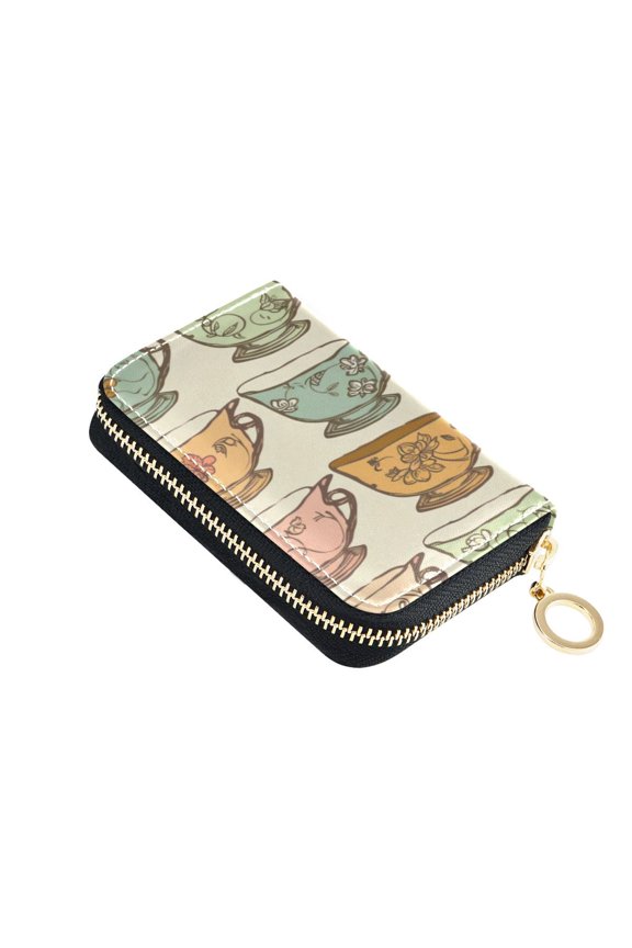 Leather Zipper Card Bag 4.7x3.1x0.8Inch Women's Card Bag Coin Purse Credit Card Bag Bank Card Bag Business Card Bag Coin Bag Cartoon Tea Cup