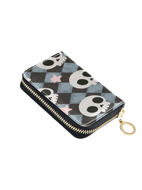 Leather Zipper Card Bag 4.7x3.1x0.8Inch Women's Card Bag Coin Purse Credit Card Bag Bank Card Bag Business Card Bag Coin Bag Grey Skull Phantom