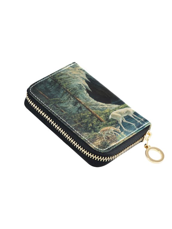 Leather Zipper Card Bag 4.7x3.1x0.8Inch Women's Card Bag Coin Purse Credit Card Bag Bank Card Bag Business Card Bag Coin Bag Little Deer Stream Water