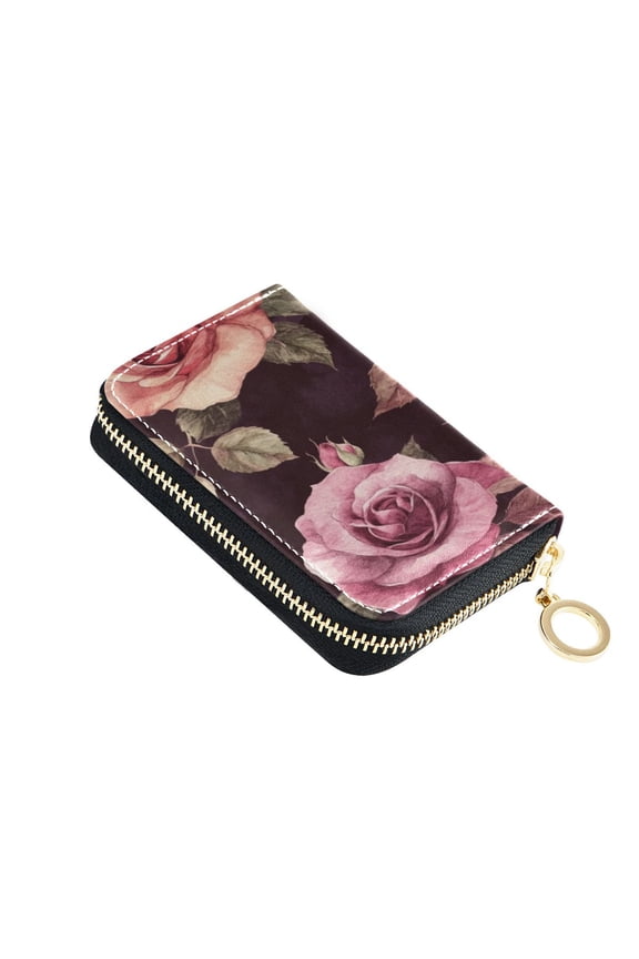 Leather Zipper Card Bag 4.7x3.1x0.8Inch Women's Card Bag Coin Purse Credit Card Bag Bank Card Bag Business Card Bag Coin Bag Maroon Roses Seamless