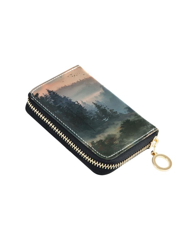Leather Zipper Card Bag 4.7x3.1x0.8Inch Women's Card Bag Coin Purse Credit Card Bag Bank Card Bag Business Card Bag Coin Bag Pine Twilight Woods