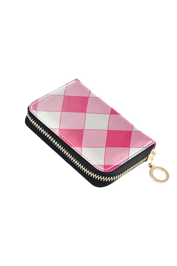 Leather Zipper Card Bag 4.7x3.1x0.8Inch Women's Card Bag Coin Purse Credit Card Bag Bank Card Bag Business Card Bag Coin Bag Pink Check
