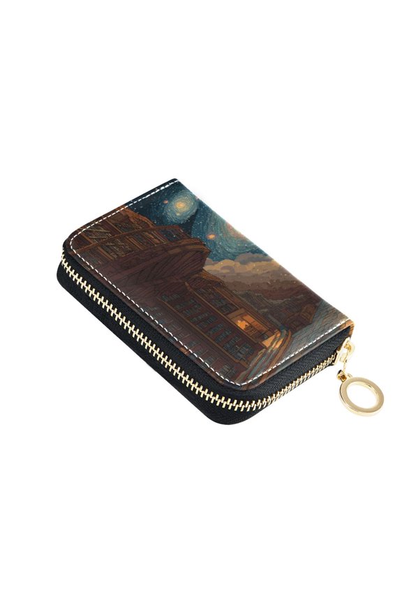 Leather Zipper Card Bag 4.7x3.1x0.8Inch Women's Card Bag Coin Purse Credit Card Bag Bank Card Bag Business Card Bag Coin Bag Pixel Galaxy Library Milky Way