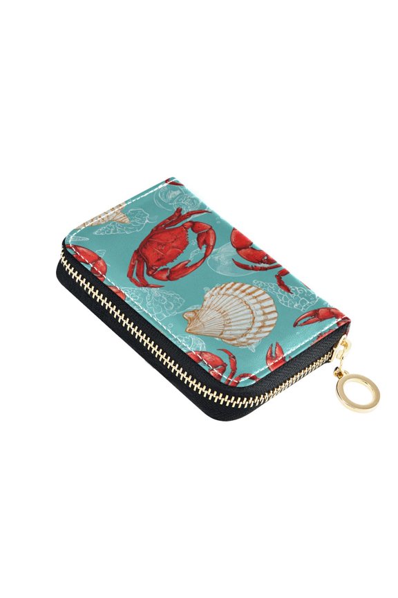 Leather Zipper Card Bag 4.7x3.1x0.8Inch Women's Card Bag Coin Purse Credit Card Bag Bank Card Bag Business Card Bag Coin Bag Red Crabs and White Shells