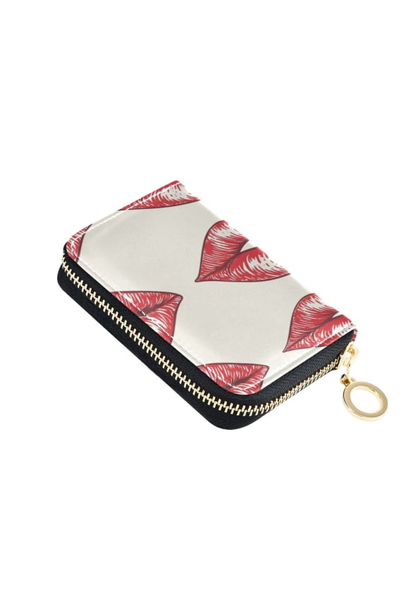 Leather Zipper Card Bag 4.7x3.1x0.8Inch Women's Card Bag Coin Purse Credit Card Bag Bank Card Bag Business Card Bag Coin Bag Red Lips
