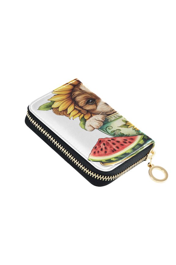 Leather Zipper Card Bag 4.7x3.1x0.8Inch Women's Card Bag Coin Purse Credit Card Bag Bank Card Bag Business Card Bag Coin Bag Tea Cup Cute Dog