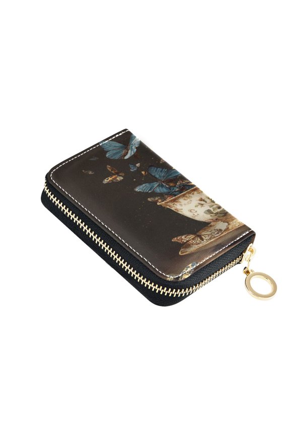 Leather Zipper Card Bag 4.7x3.1x0.8Inch Women's Card Bag Coin Purse Credit Card Bag Bank Card Bag Business Card Bag Coin Bag Vintage Teacup Butterflies