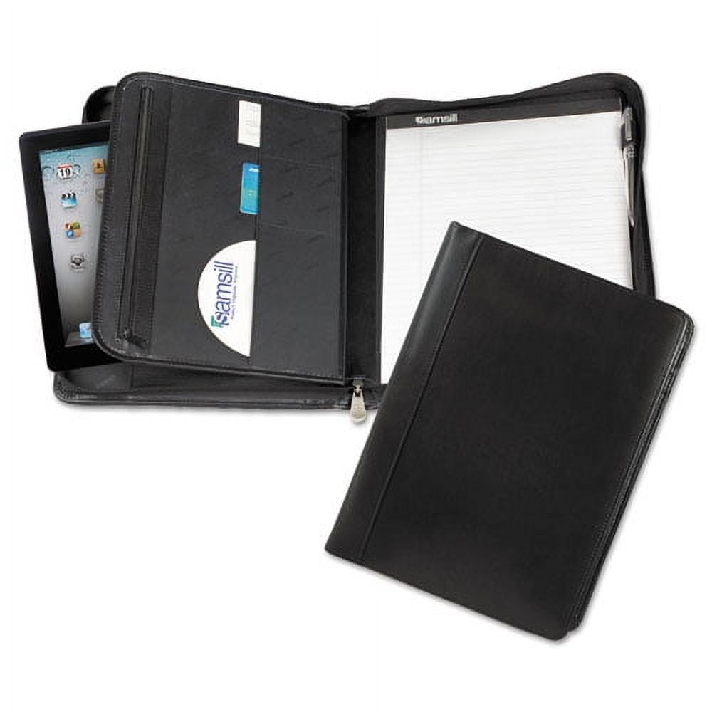 "Leather Zipper Padfolio W/writing Pad, Organizer Slots, Black