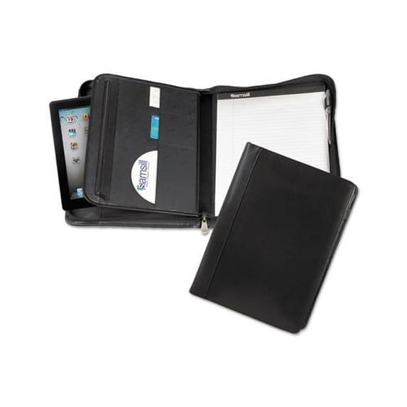 Leather Zipper Padfolio w/Writing Pad Organizer Slots, Black