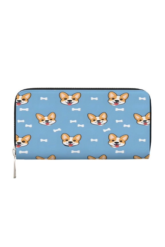 Leather Zipper Pocket Hand Wallet For Women And Men Travel Leather Purse Large Capacity Credit Card Holder Animal Dog Cartoon Pattern With Bones