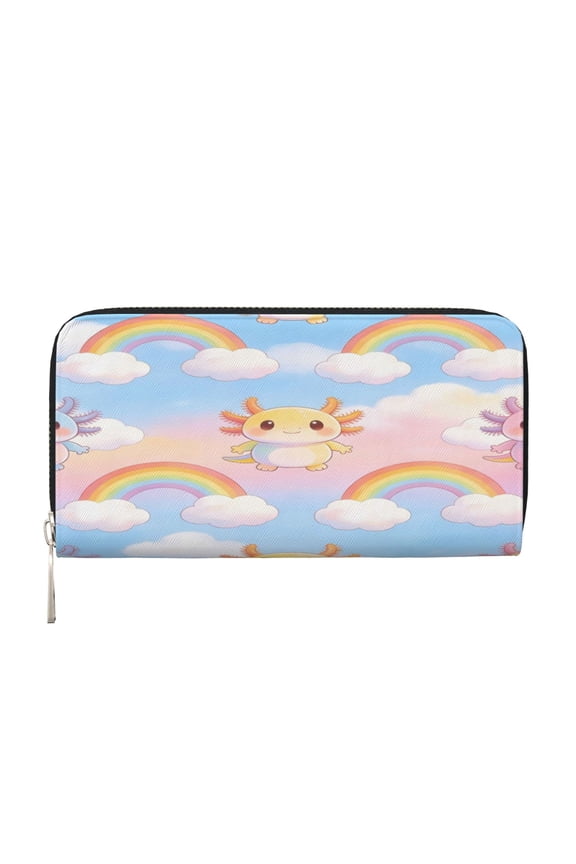 Leather Zipper Pocket Hand Wallet For Women And Men Travel Leather Purse Large Capacity Credit Card Holder Axolotl Rainbow Cloud