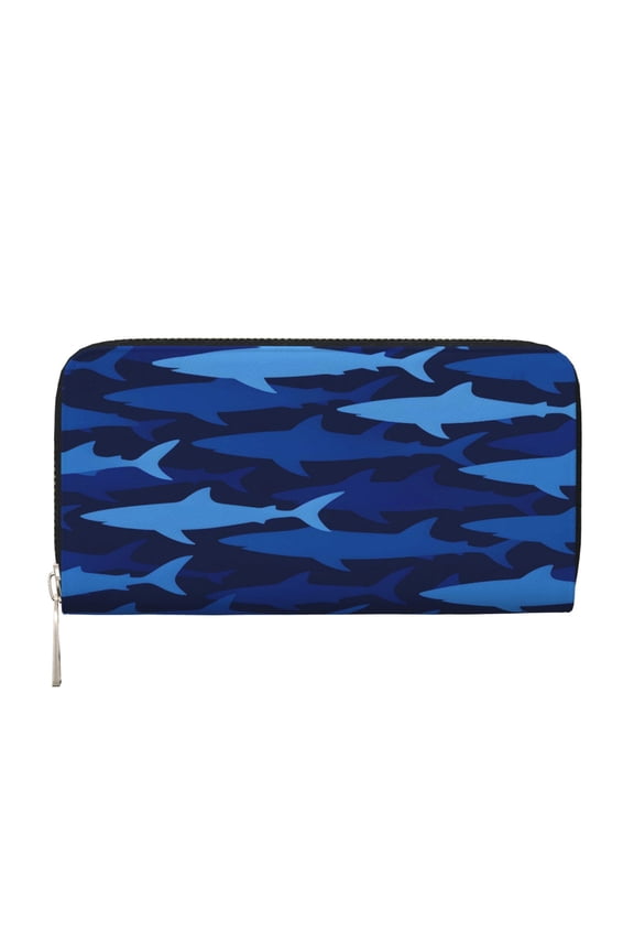 Leather Zipper Pocket Hand Wallet For Women And Men Travel Leather Purse Large Capacity Credit Card Holder Blue Camouflage Shark Pattern