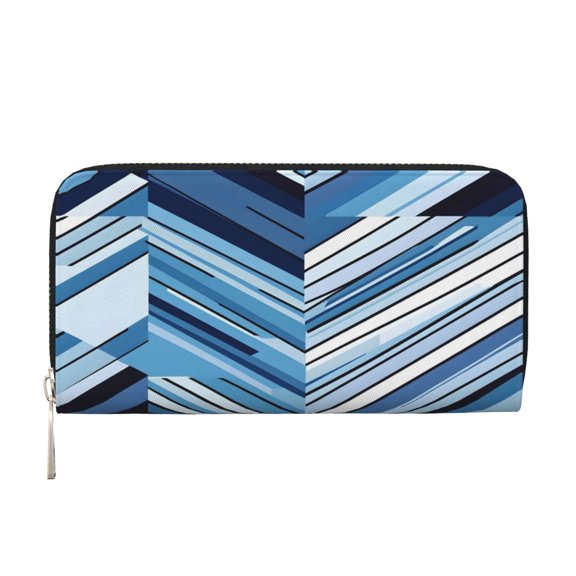 Leather Zipper Pocket Hand Wallet For Women And Men Travel Leather Purse Large Capacity Credit Card Holder Blue Geometric Lines_1