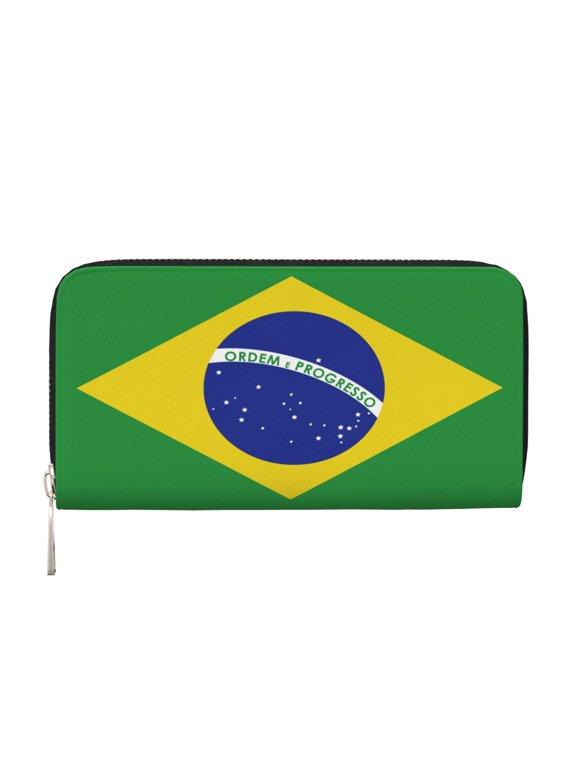 Leather Zipper Pocket Hand Wallet For Women And Men Travel Leather Purse Large Capacity Credit Card Holder Brazil Flag Green Brazilian National