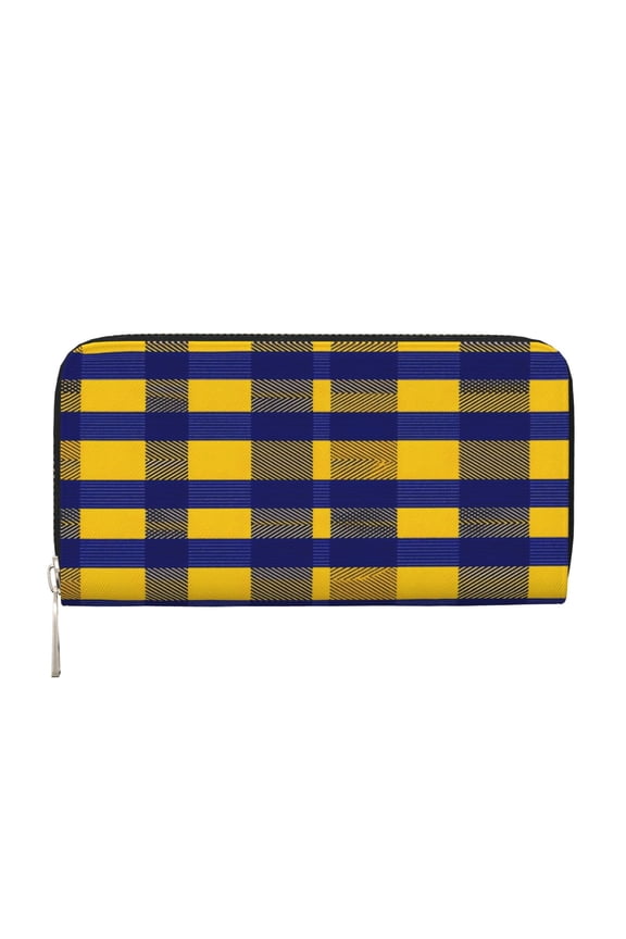 Leather Zipper Pocket Hand Wallet For Women And Men Travel Leather Purse Large Capacity Credit Card Holder Buffalo Plaid Check Yellow Royal Blue