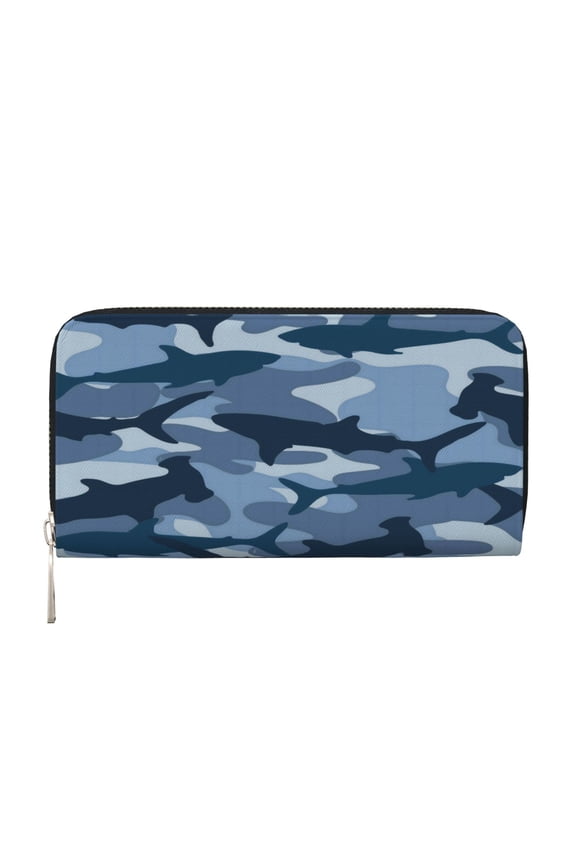 Leather Zipper Pocket Hand Wallet For Women And Men Travel Leather Purse Large Capacity Credit Card Holder Camouflage-Patterned Shark