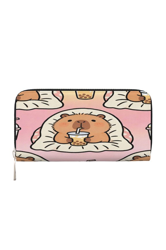 Leather Zipper Pocket Hand Wallet For Women And Men Travel Leather Purse Large Capacity Credit Card Holder Capybara Lounging While Sipping Bubble Tea
